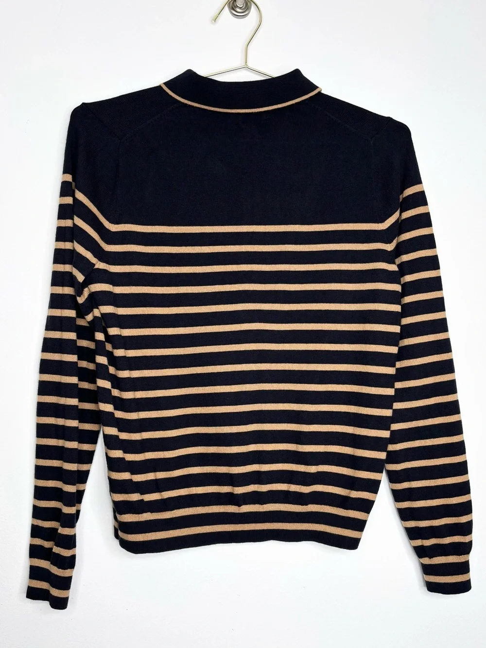 Boden Liz Henley Jumper Navy Camel Stripe Gold Button Knit Sweater Size M